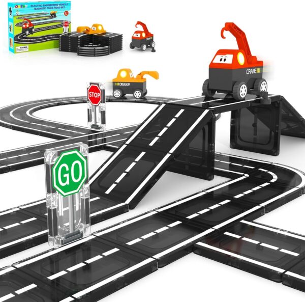 Magnetic Tiles Roads Engineering Vehicle Set, Magnetic Blocks Road Truck Car Toys