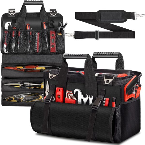 Heavy Duty Tool Bag 17-Inch, 27-Pocket Tool Tote with Tool Roll Bag